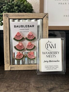BaubleBar Watermelon Dangle Earrings with Juicy Watermelon Wax Melts